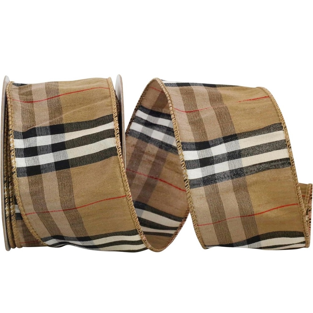NWT Dupioni Brown Tartan Plaid Silk 2.5” Wired Ribbon - Picture 3 of 5